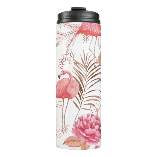 Rosa Flamingo, ponisches Aquarellmuster. Thermosbecher (Vorderseite)