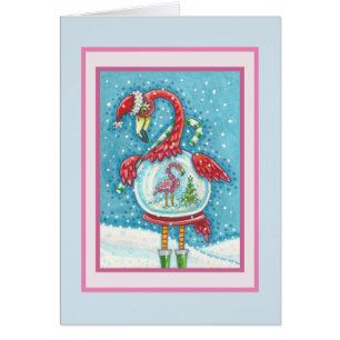 ROSA FLAMINGO SCHNEEKUGEL, WEIHNACHTSGRUSSKARTE B