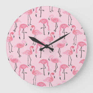 Rosa Flamingo Set, tropisches Sommermuster. Große Wanduhr