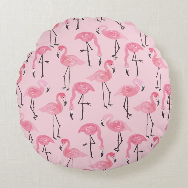 Rosa Flamingo Set, tropisches Sommermuster. Rundes Kissen (Vorderseite)