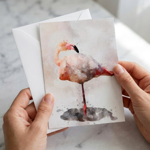 Rosa Flamingo stehend in Wasserfarben Kunst Druck Mitteilungskarte