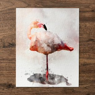 Rosa Flamingo stehend in Wasserfarben Kunst Druck Puzzle