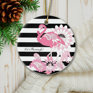 Rosa Flamingo Stimmung Schwarz-Weiß-Streifen Feier Keramik Ornament