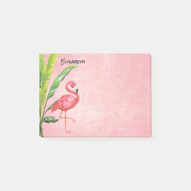 Rosa Flamingo-Strand-Insel verlässt Monogramm Post-it Klebezettel (Vorderseite)