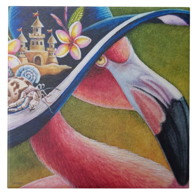 Rosa Flamingo Sun Hat Hermit Crab Wasserfarbe Kuns Fliese (Vorderseite)