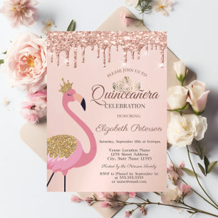 Rosa Flamingo, Tiara, Roségold-Tropfen Quinceañera Einladung