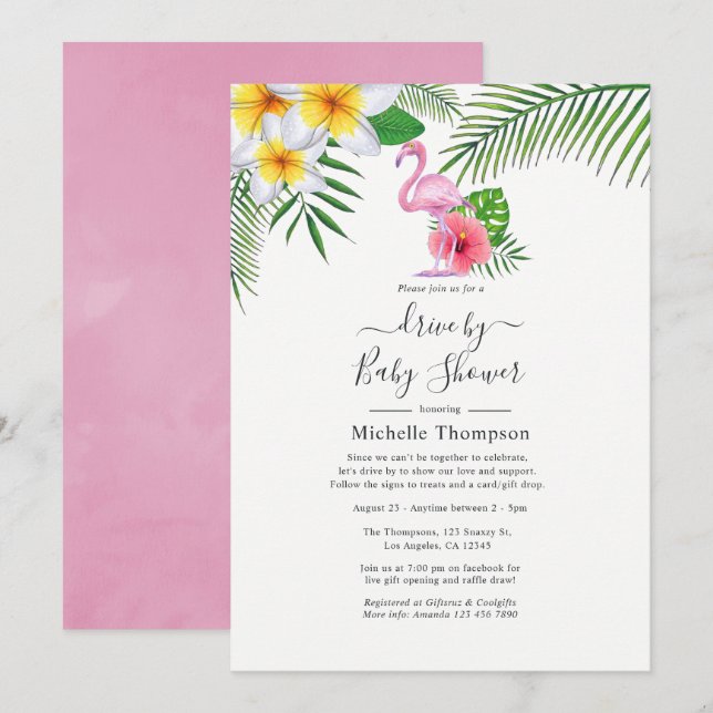 Rosa Flamingo Tropical Drive by Dusche Einladung (Vorne/Hinten)