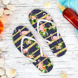 Rosa Flamingo Tropical Navy Blue Gold Flip Flops