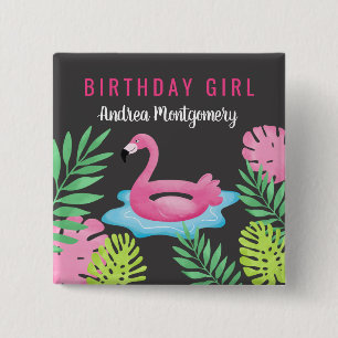 Rosa Flamingo Tropical Pool Party Button Name Tag