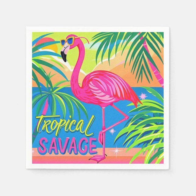 Rosa Flamingo Tropisch stehend auf einem Bein Serviette (Vorderseite)