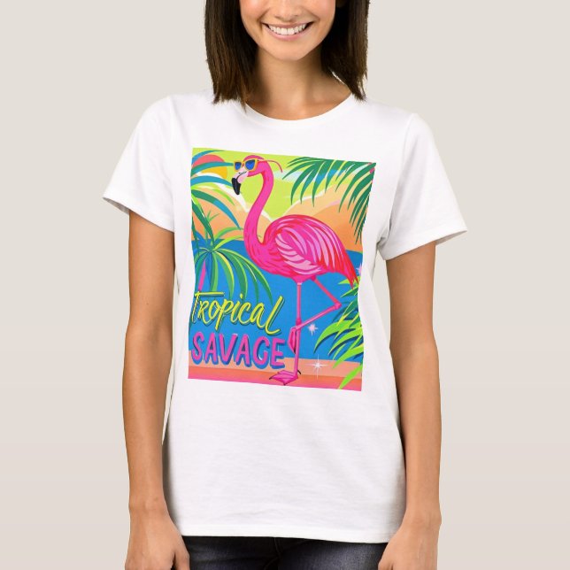 Rosa Flamingo Tropisch stehend auf einem Bein T-Shirt (Vorderseite)