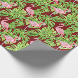 Rosa Flamingo Tropische Blätter auf Burgund Geschenkpapier