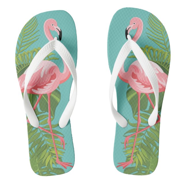 Rosa Flamingo Tropische Blätter Türkis Flip Flops (Fußbett)