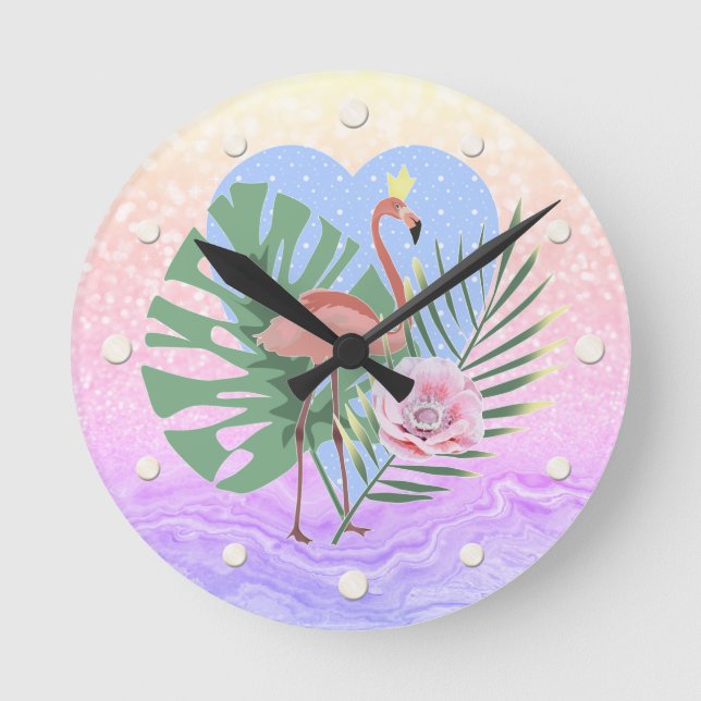 Rosa Flamingo tropische Blattpalme Runde Wanduhr (Vorderseite)