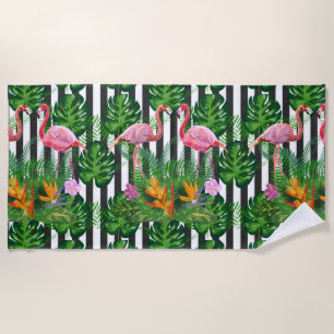 Rosa Flamingo Tropische Blume Dunkler Grunge Strei Strandtuch