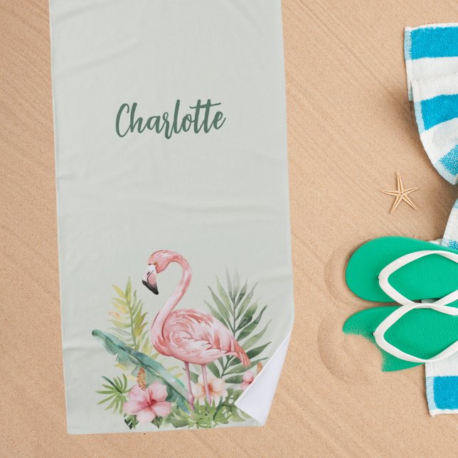 Rosa Flamingo tropische Blume Salbei grün Strandtuch (Von Creator hochgeladen)