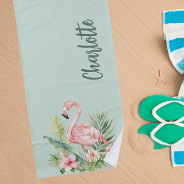 Rosa Flamingo tropische Blume Salbei grün Strandtuch