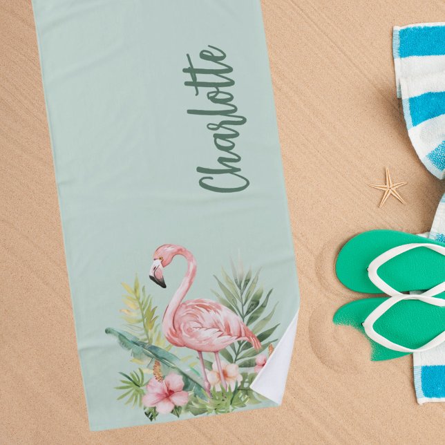Rosa Flamingo tropische Blume Salbei grün Strandtuch (Von Creator hochgeladen)