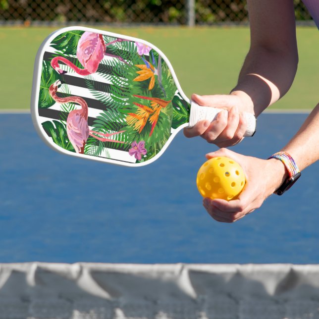 Rosa Flamingo Tropische Blume Schwarz-weiße Streif Pickleball Schläger (InSitu)