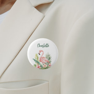 Rosa Flamingo tropische Blumen Namensschild Button
