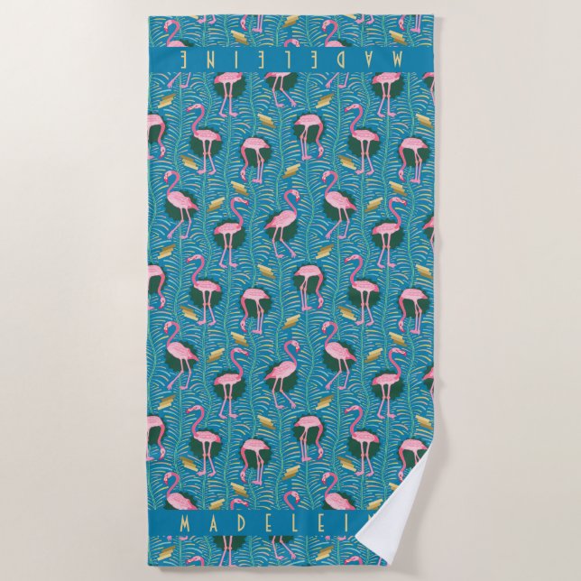 Rosa Flamingo Tropische Kunst-Déco Retro Strandtuch (Vorderseite)