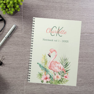 Rosa Flamingo tropische Monogramm Salbei grün Notizblock