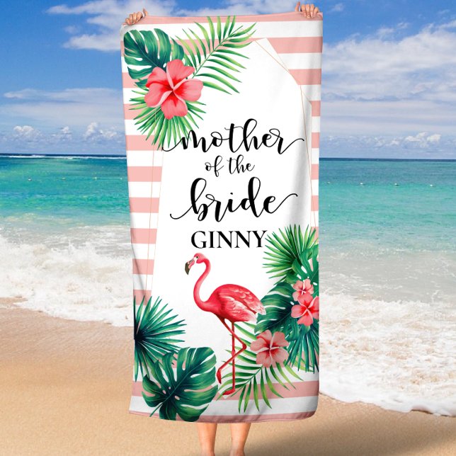 Rosa Flamingo Tropische Mutter der Braut Custom Strandtuch (Pink Flamingo Tropical Mother of the Bride Custom Beach Towel)