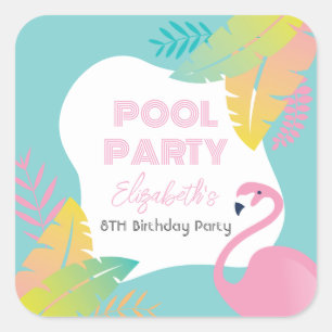 Rosa Flamingo Tropische Poolparty Geburtstag Quadratischer Aufkleber