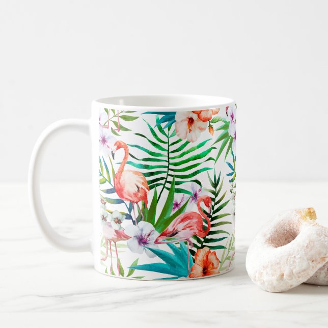 Rosa Flamingo-tropischer BlumenBlumenChic Tasse (Mit Donut)