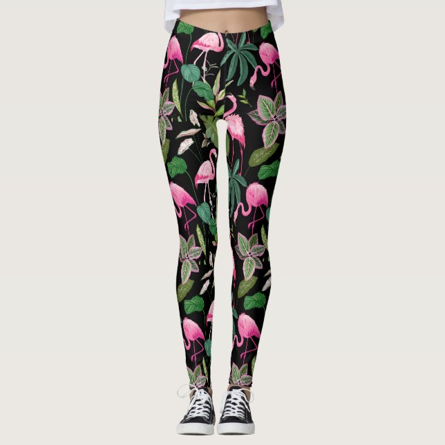 Rosa Flamingo tropischer botanischer schwarzer Hin Leggings (Vorderseite)