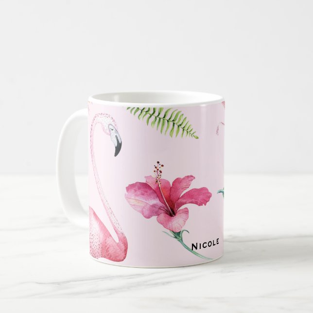 Rosa Flamingo Tropischer Hibiskus Blühender Spaß Kaffeetasse (Vorderseite Links)