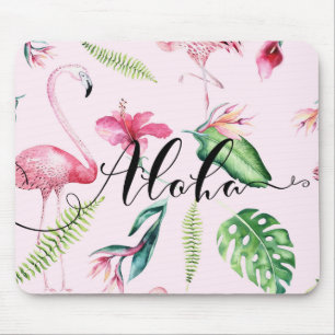 Rosa Flamingo Tropischer Hibiskus Floral Aloha Mousepad
