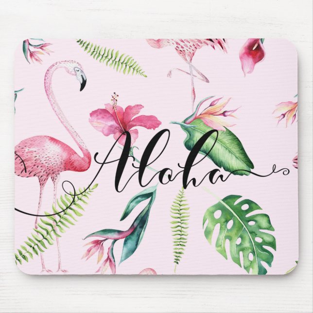 Rosa Flamingo Tropischer Hibiskus Floral Aloha Mousepad (Vorne)