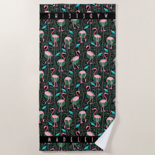 Rosa Flamingo-tropischer Kunst-Deko-Retro schwarze Strandtuch