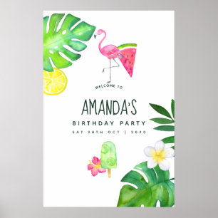 Rosa Flamingo Tropisches Aquarell Sommer Geburtsta Poster