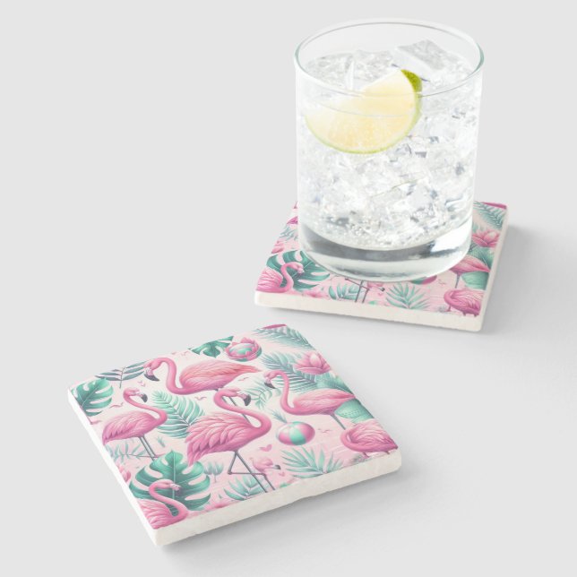 Rosa Flamingo tropisches Design Steinuntersetzer (Seitenansicht)