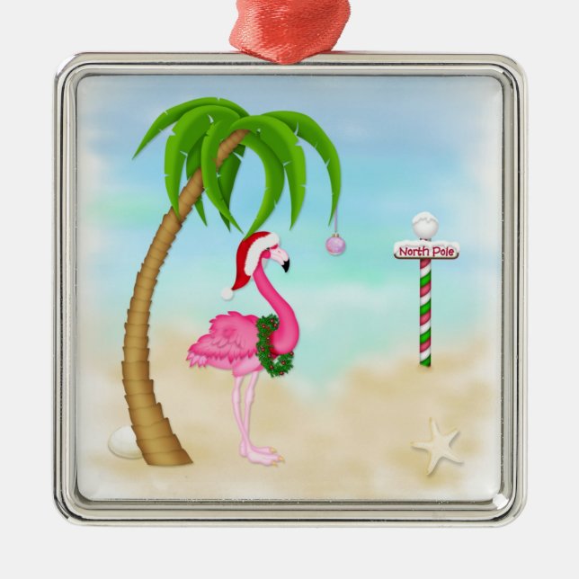 Rosa Flamingo Tropisches Holiday Ornament Aus Metall (Vorne)
