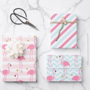 Rosa Flamingo tropisches Streifenmuster Geschenkpapier Set