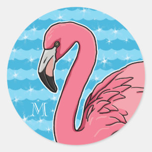 Rosa Flamingo und blaue Waves, Monogramm hinzufüg Runder Aufkleber