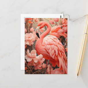 Rosa Flamingo und Blumen Postkarte
