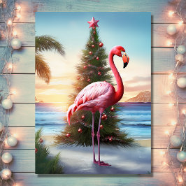 Rosa Flamingo und Christbaum Tropical Beach Feiertagskarte