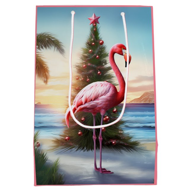 Rosa Flamingo und Christbaum Tropical Beach Mittlere Geschenktüte (Rückseite)