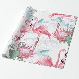 Rosa Flamingo und exotische Blume, Blätter aus Pal Geschenkpapier