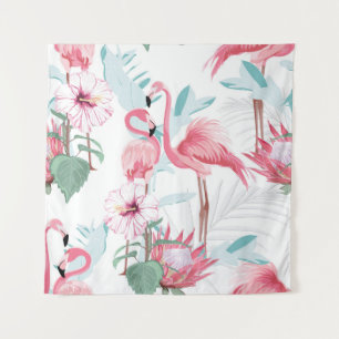 Rosa Flamingo und exotische Blume, Blätter aus Pal Wandteppich