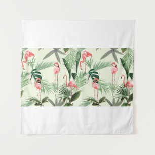 Rosa Flamingo und exotische Blume, Blätter aus Pal Wandteppich