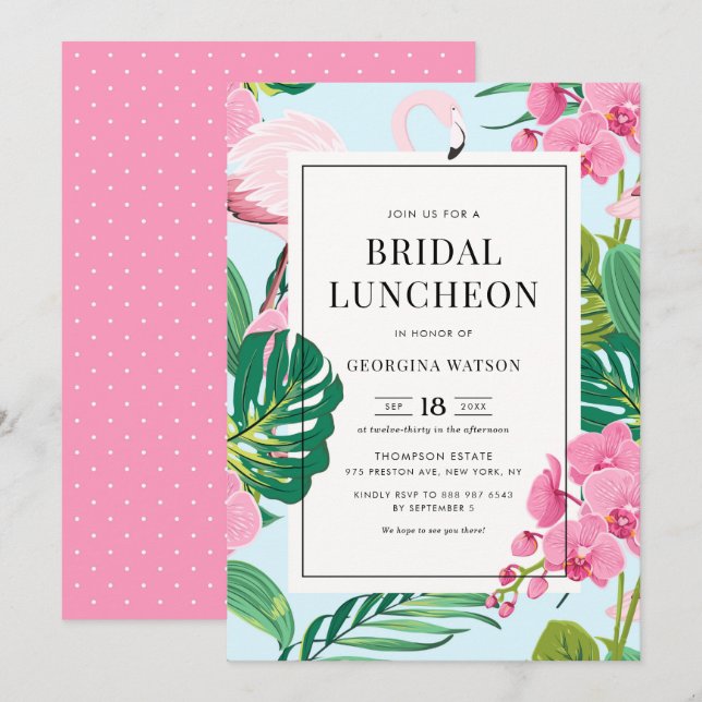 Rosa Flamingo und Orchids Tropical Bridal Luncheon Einladung (Vorne/Hinten)