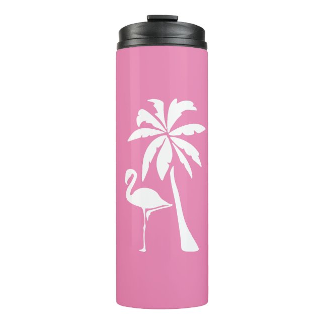 Rosa Flamingo und Palm   Thermosbecher (Vorderseite)