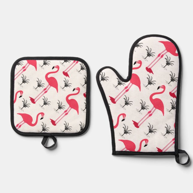 Rosa Flamingo und Palmenbaum Ofenhandschuh & Topflappen-Set (Vorderseite)