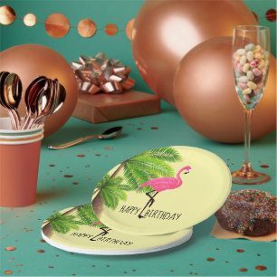 Rosa Flamingo- und Palmenblätterplatte Pappteller