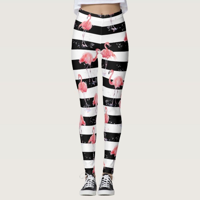 Rosa Flamingo- und Schwarzweißstreifen Leggings (Vorderseite)